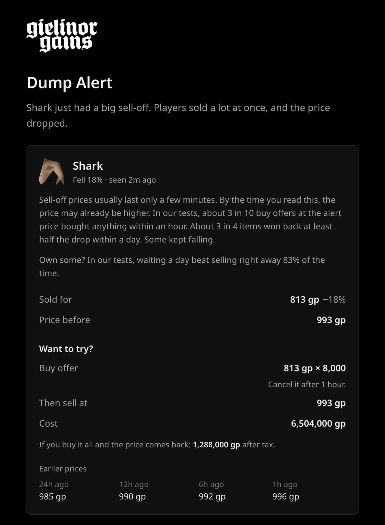 A Dump Alert for Shark, which fell 18%. It shows what usually happens next, a tip for people who own some, the price it sold for, the price before, and a plan with a 1-hour limit.