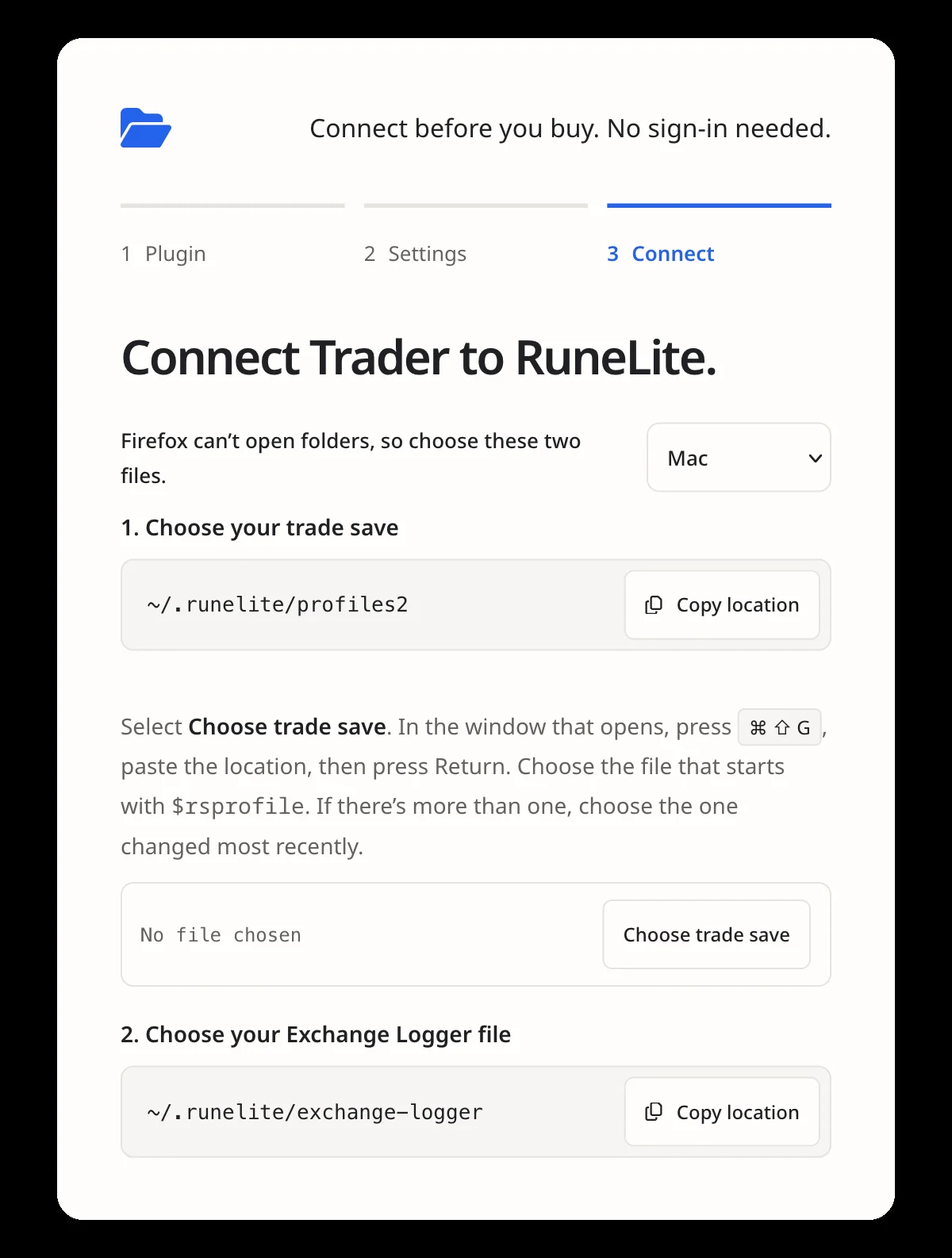 Connecting Trader to RuneLite in Firefox. Firefox can’t open folders, so you choose two files: step 1, your trade save from the profiles2 folder, and step 2, your Exchange Logger file from the exchange-logger folder. Each step has a Copy location button.