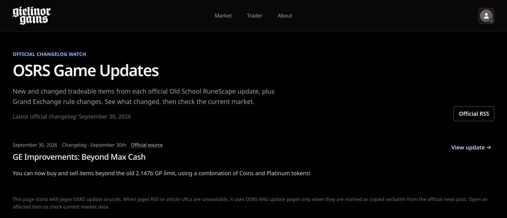 The OSRS Game Updates page, showing the GE Improvements: Beyond Max Cash update from 30 September 2026.