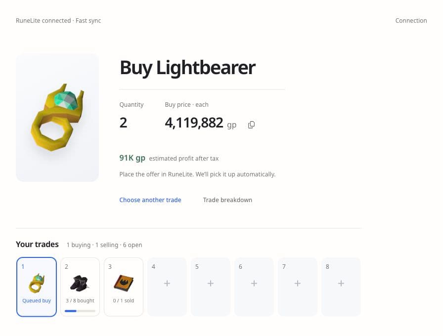 Trader showing a suggested Lightbearer buy above the eight Grand Exchange slots.