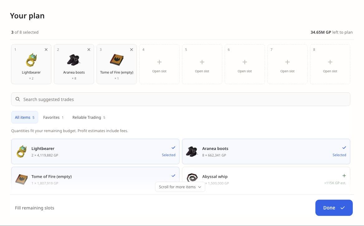 The Your plan editor with remaining budget, selected items, category filters, and available trades.