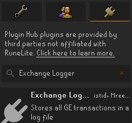 RuneLite’s Plugin Hub tab and its search field, with Exchange Logger entered.